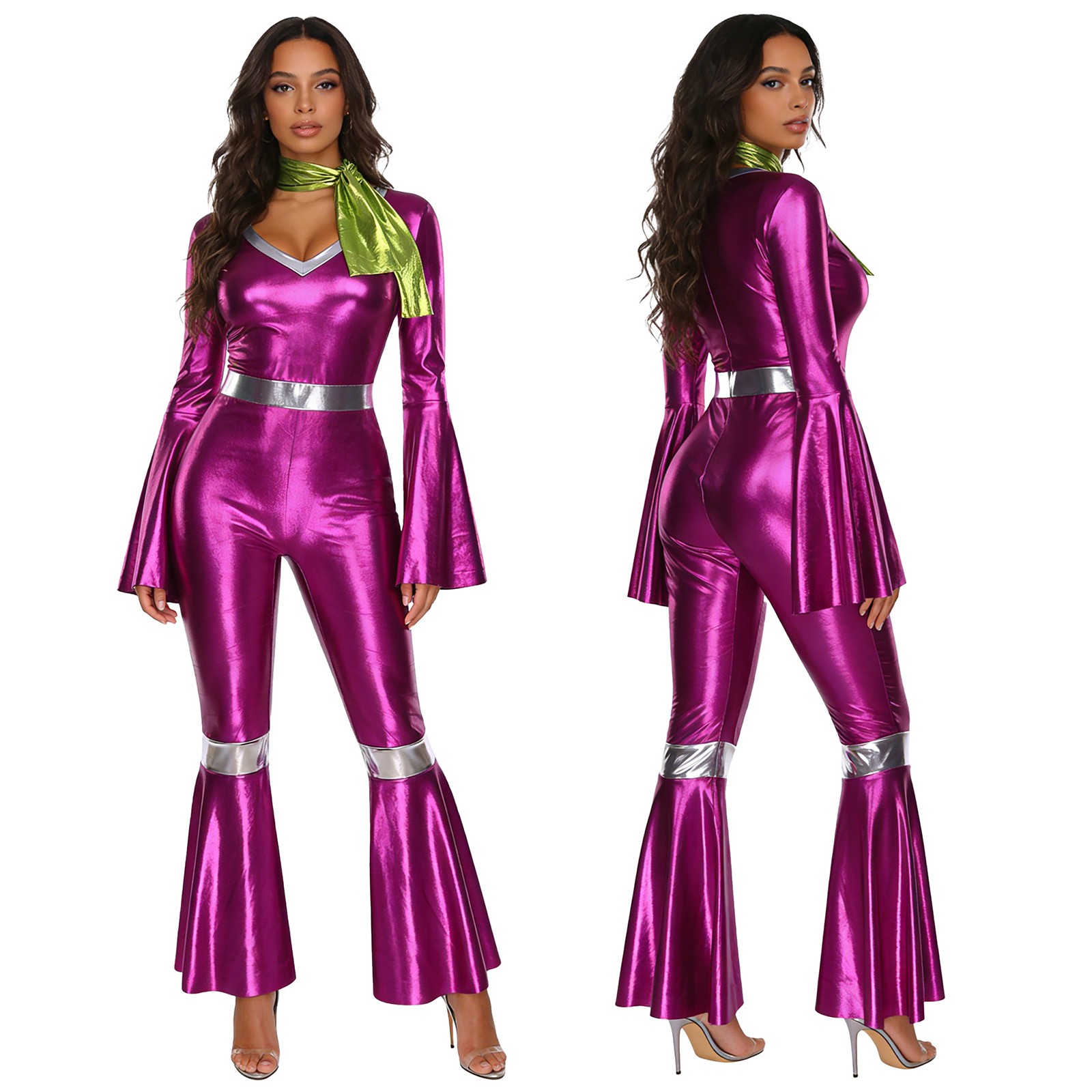 Women 70s Disco Dance Costume Shiny Jumpsuit with Scarf for Club Party Outfits
