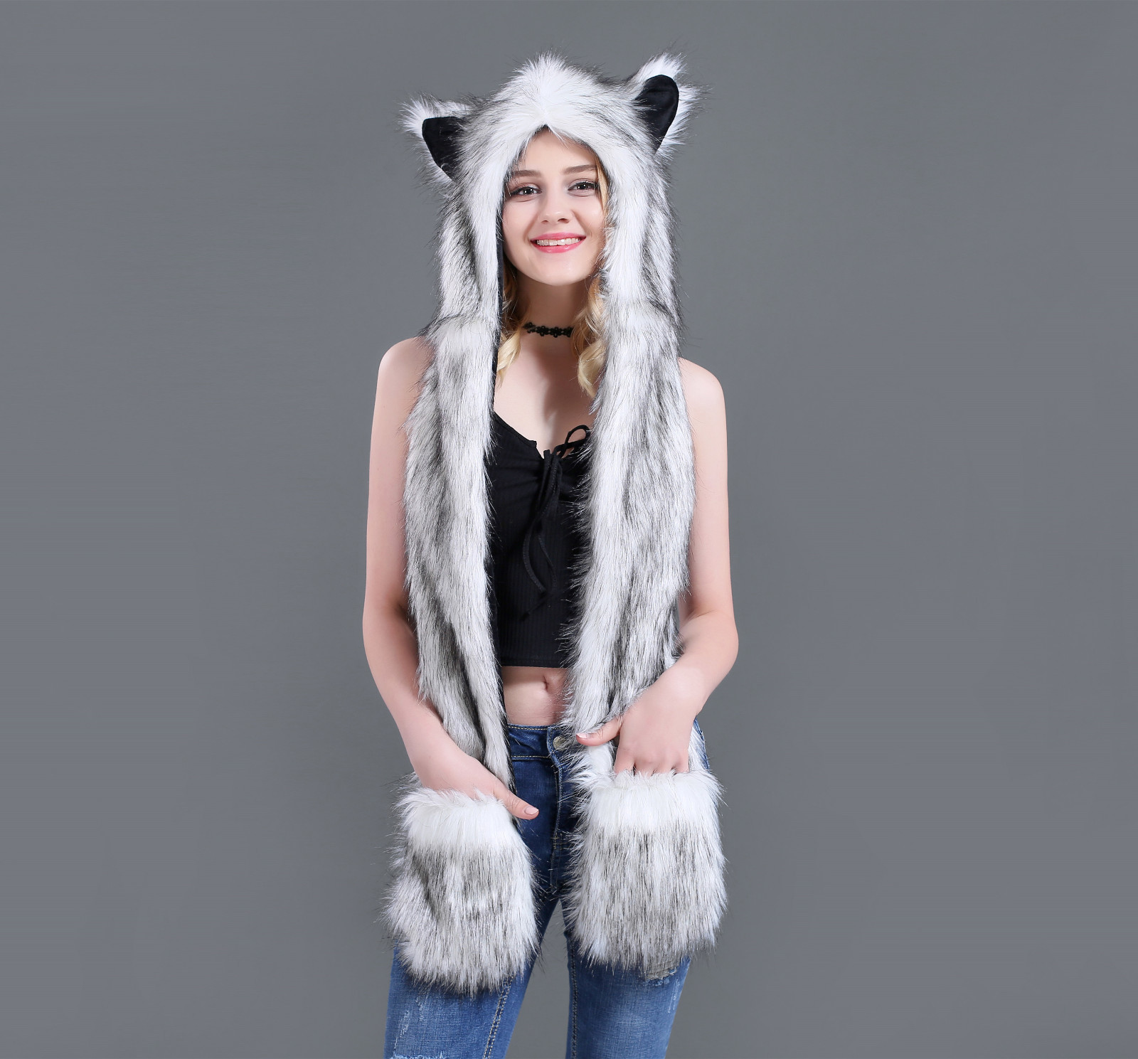 Husky Animal Full Hood Hoodie Cosplay costumes Hat Faux Fur 3 IN 1 Function
