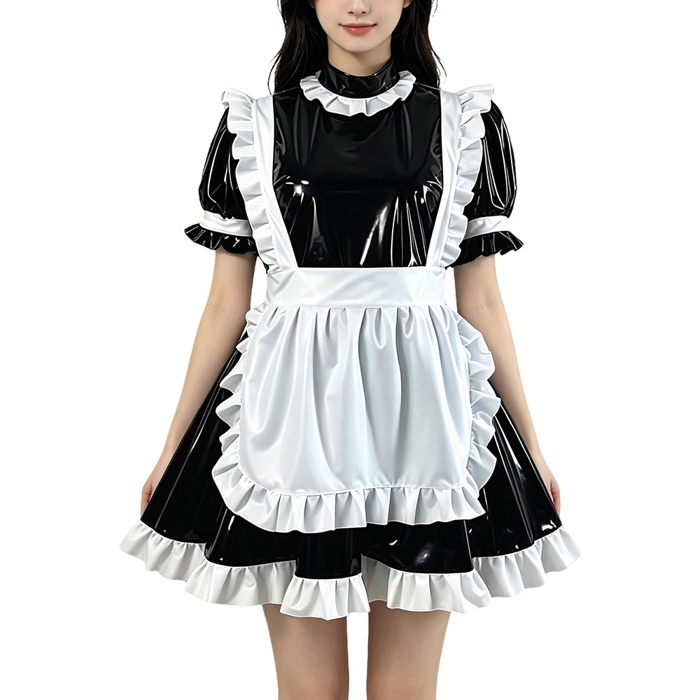 High Neck PVC Maid Dress Wet Clubwear Cosplay Puff Sleeve Pleated Maid Dress