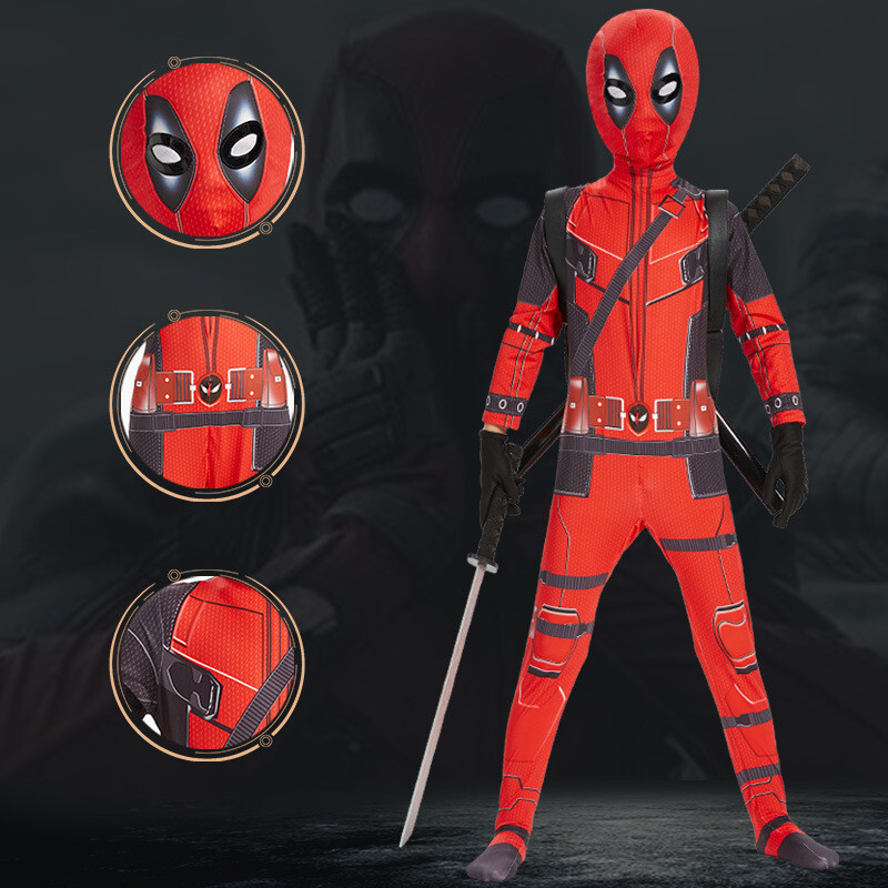 Deadpool Costume Bodysuit Jumpsuit Superhero Halloween Cosplay Party with Sword