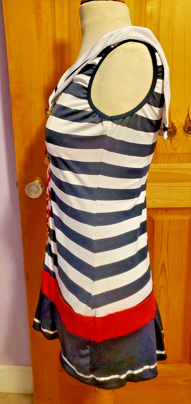 White Sailor Costume Dress & Knee Highs Garters Stockings Red Blue MEDIUM Stripe