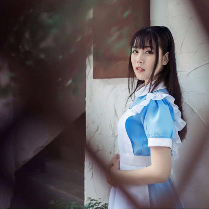 Alice in Wonderland Costume Waitress Uniform Maid Blue Dress Halloween Cosplay