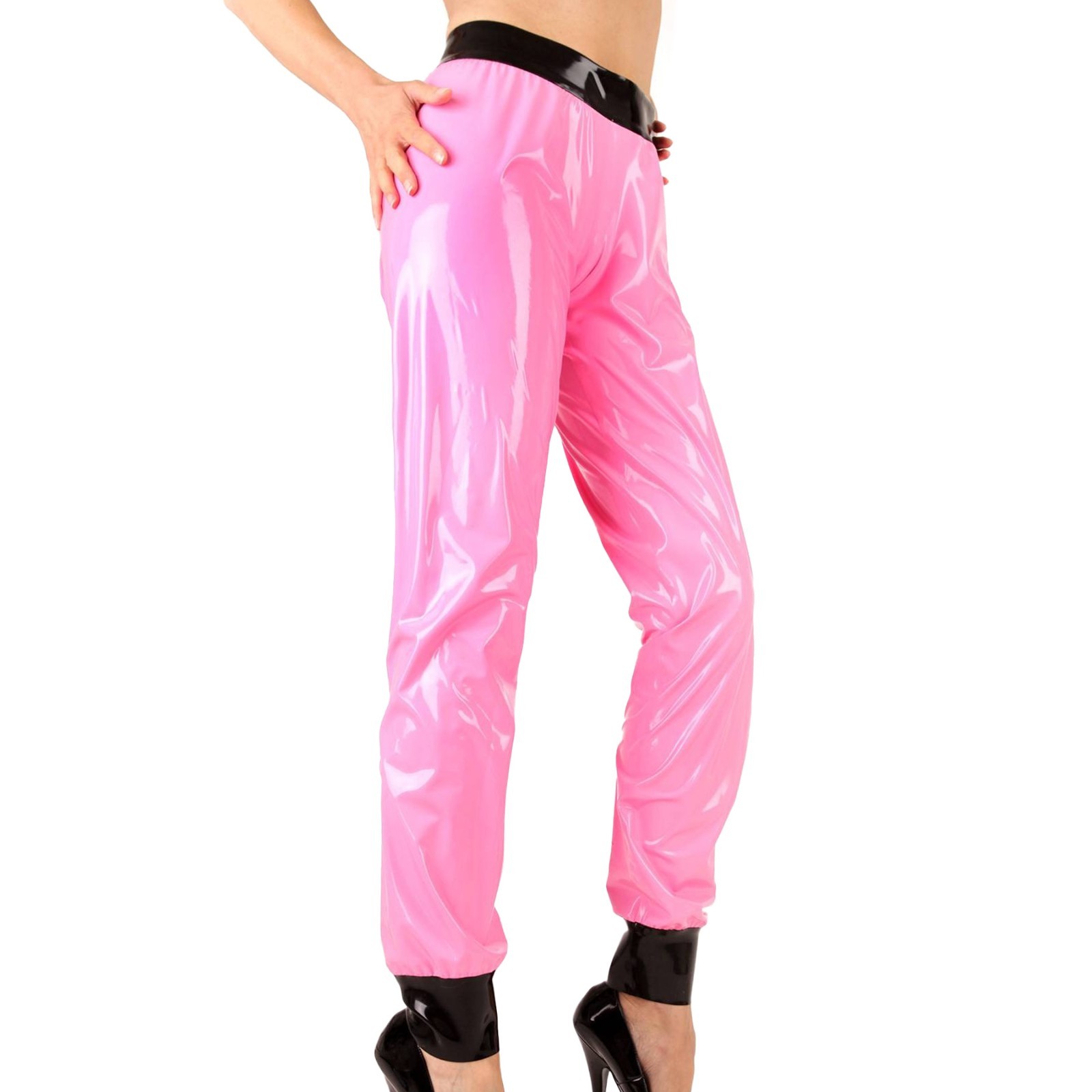 Pink Unisex Latex Trousers Loose Fit Rubber Tapered Pants Cosplay Casual 0.4mm