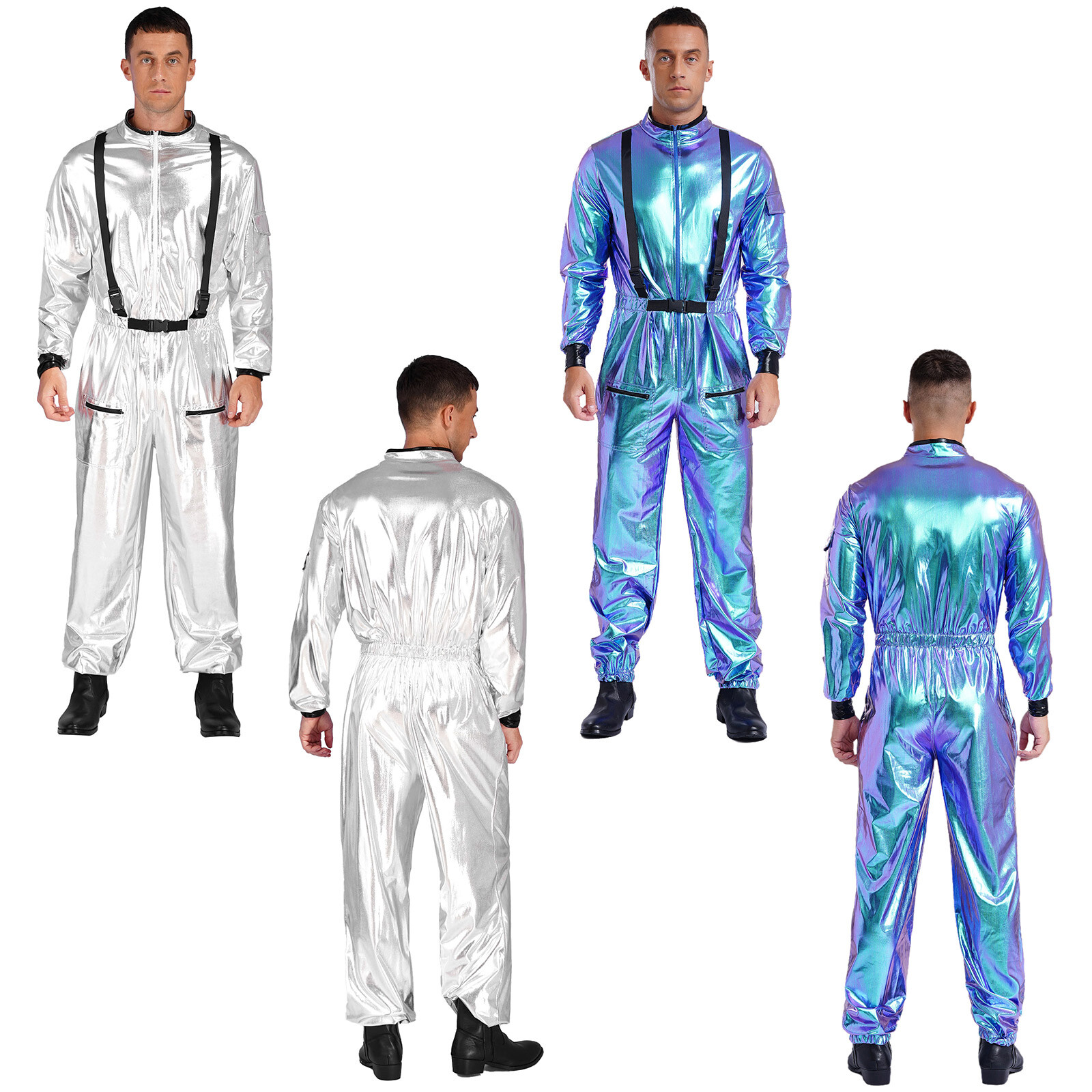 US Mens Metallic Astronaut Role Play Outfit Halloween Cosplay Costume Jumpsuit