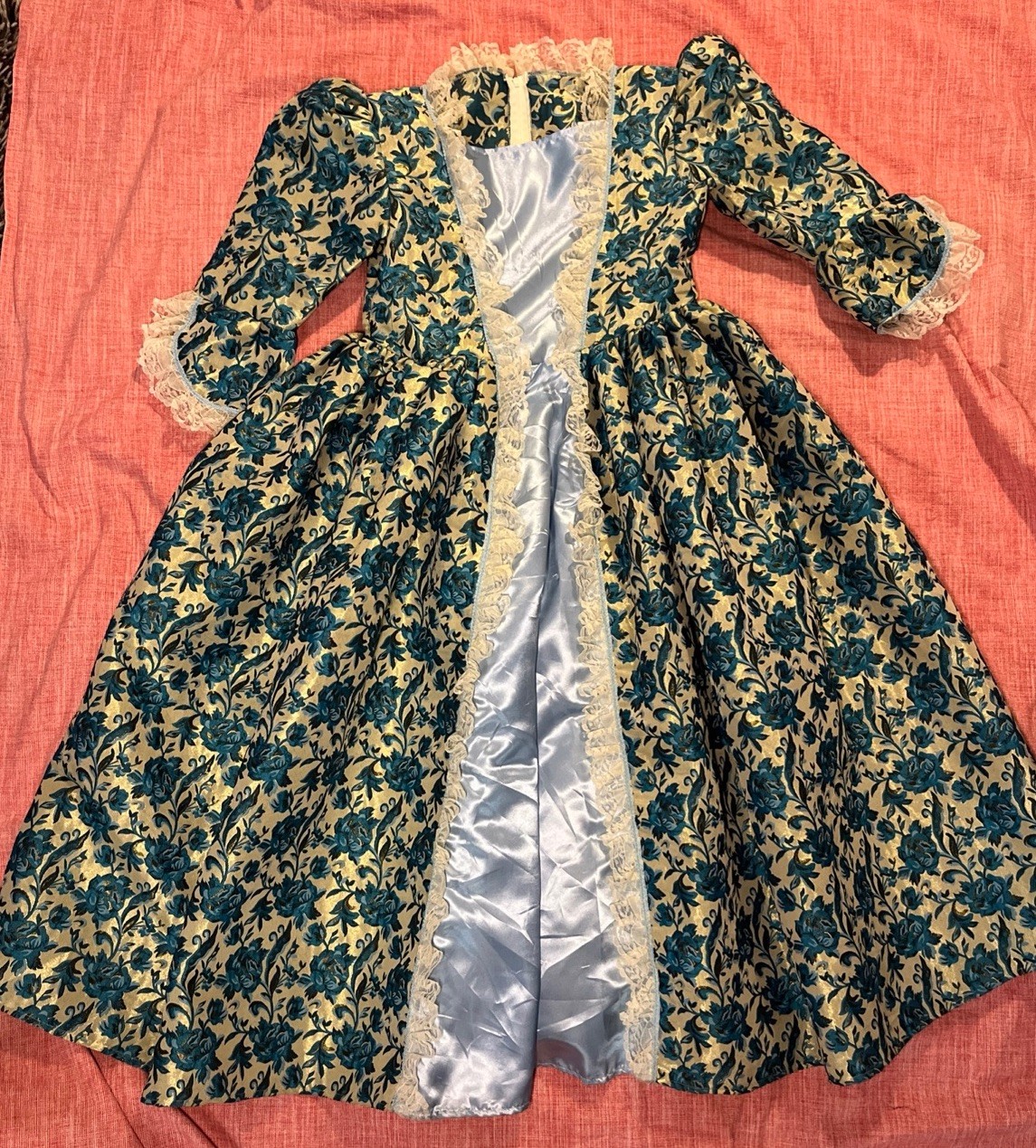 Handmade Costume Dress Girl Size 10-12 Gold Teal Brocade Lace Blue Satin