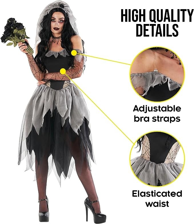 Women`s Zombie Bride Costume S – 3XL Undead Graveyard Corpse Ghost Halloween