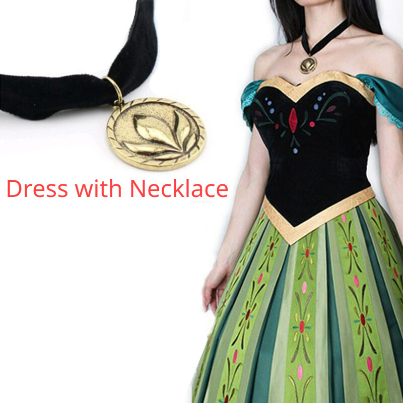 Princess Anna Cosplay Costume Women Carnival Party Dress Necklace Suit Anna Wig