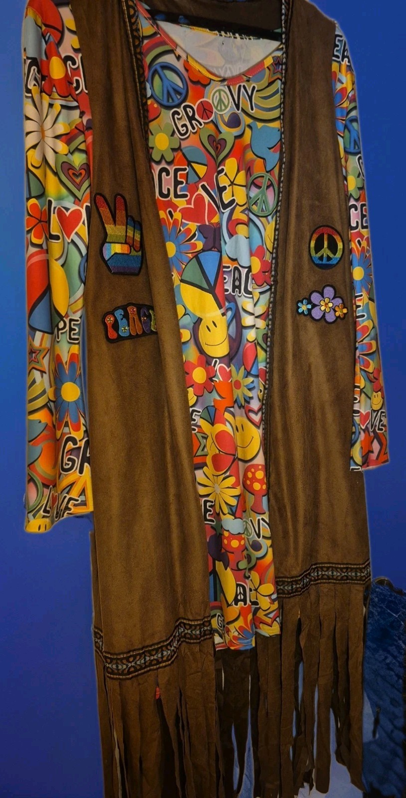 Hippie Fringe Faux Suede Long Vest & Dress Multicolor Floral Costume L