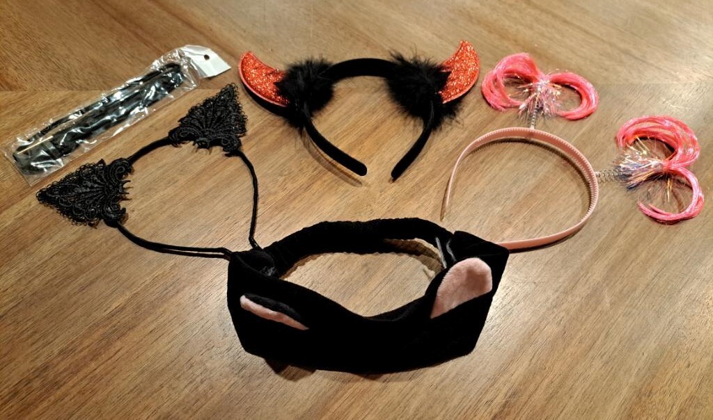 Halloween Headbands 4 Pack – Red Glitter Horns, Pink Ponytails, Lace & Cloth Cat