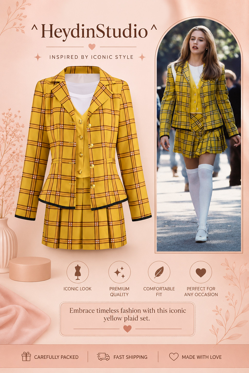 Clueless Cher Yellow Dress Plaid Costume Movie Cosplay Halloween Outfit