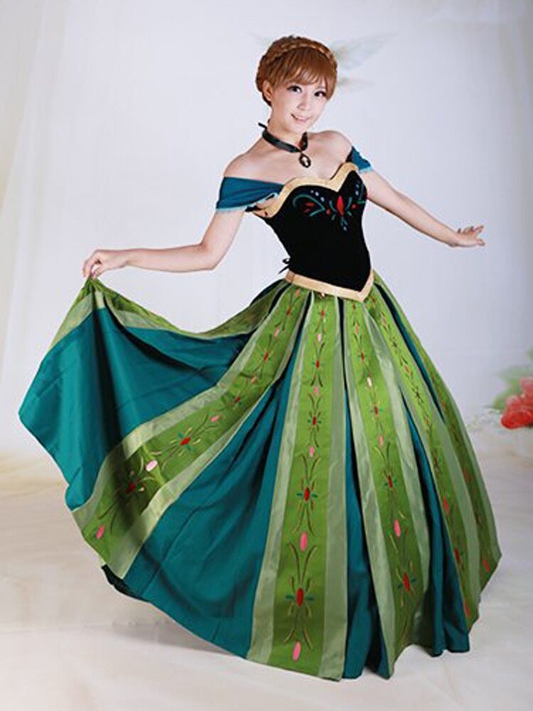Princess Anna Cosplay Costume Women Carnival Party Dress Necklace Suit Anna Wig