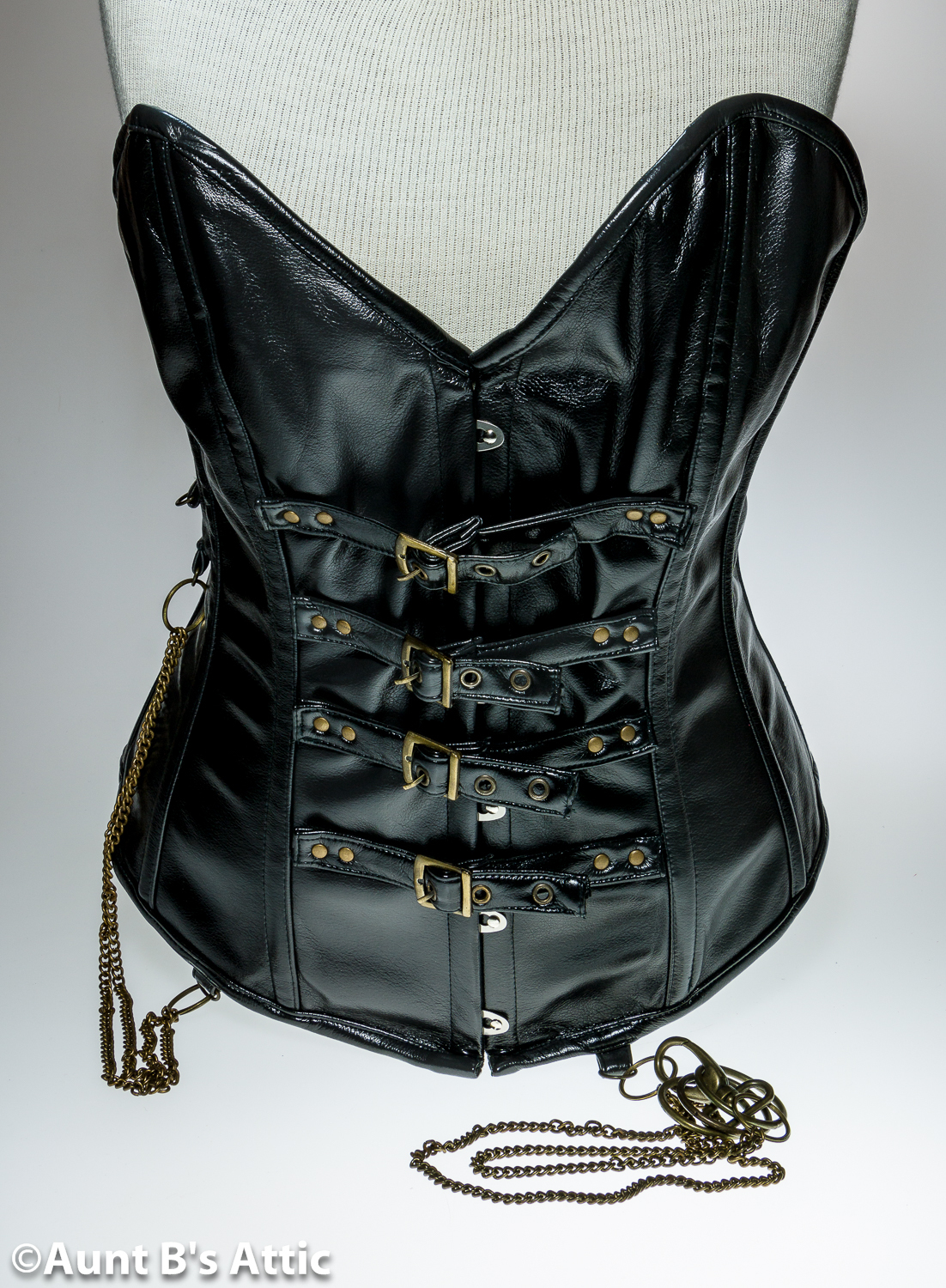 Corset Black Vinyl Over Bust Steampunk Laced Back Bustier W/ Buckles & Chains