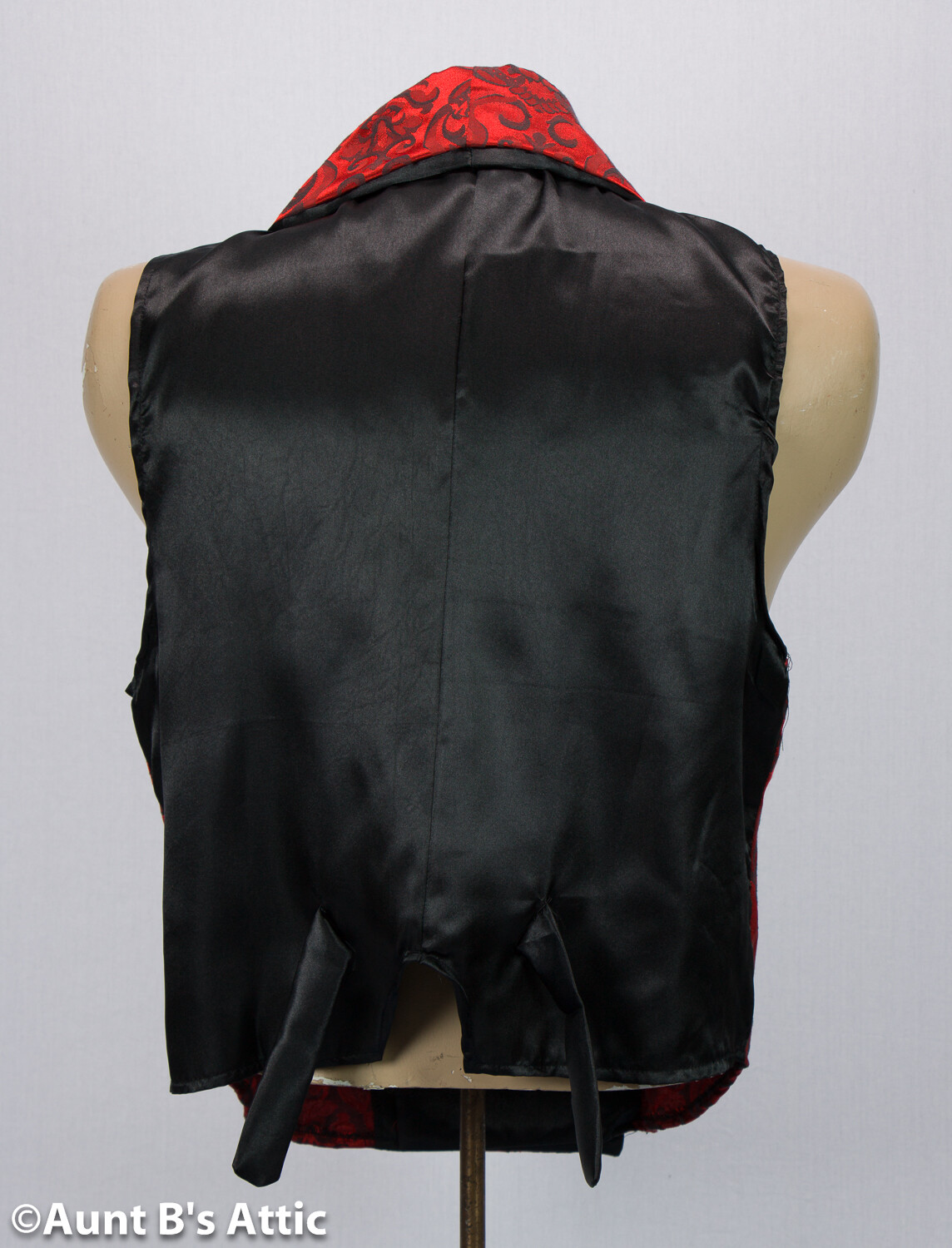 Victorian/Gothic Vest Full Back Red Brocade/Blk Poly Satin Double Breasted Vest
