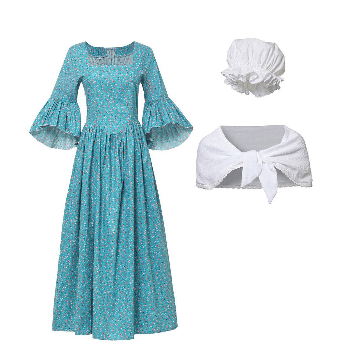 Womens Pioneer Dress Colonial Pilgrim Floral Dress Prairie Dress with Bonnet