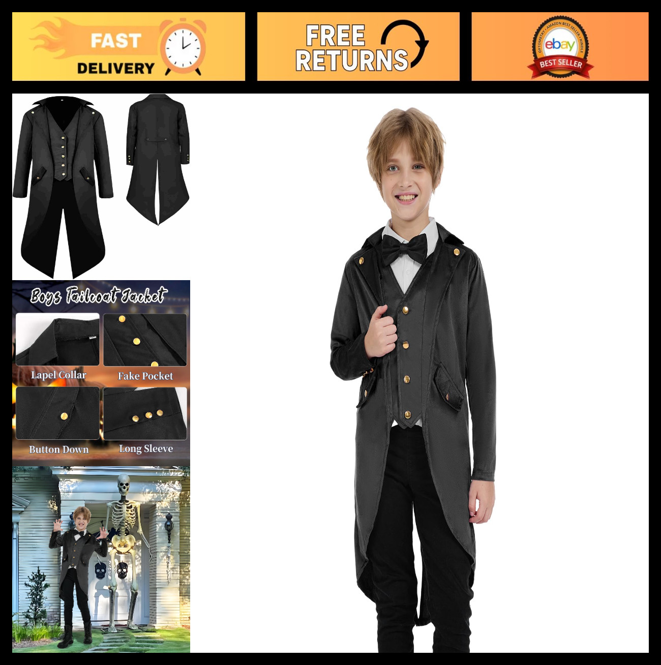 Boys Steampunk Tailcoat Jacket – Medieval Costume, Halloween Vampire Outfit