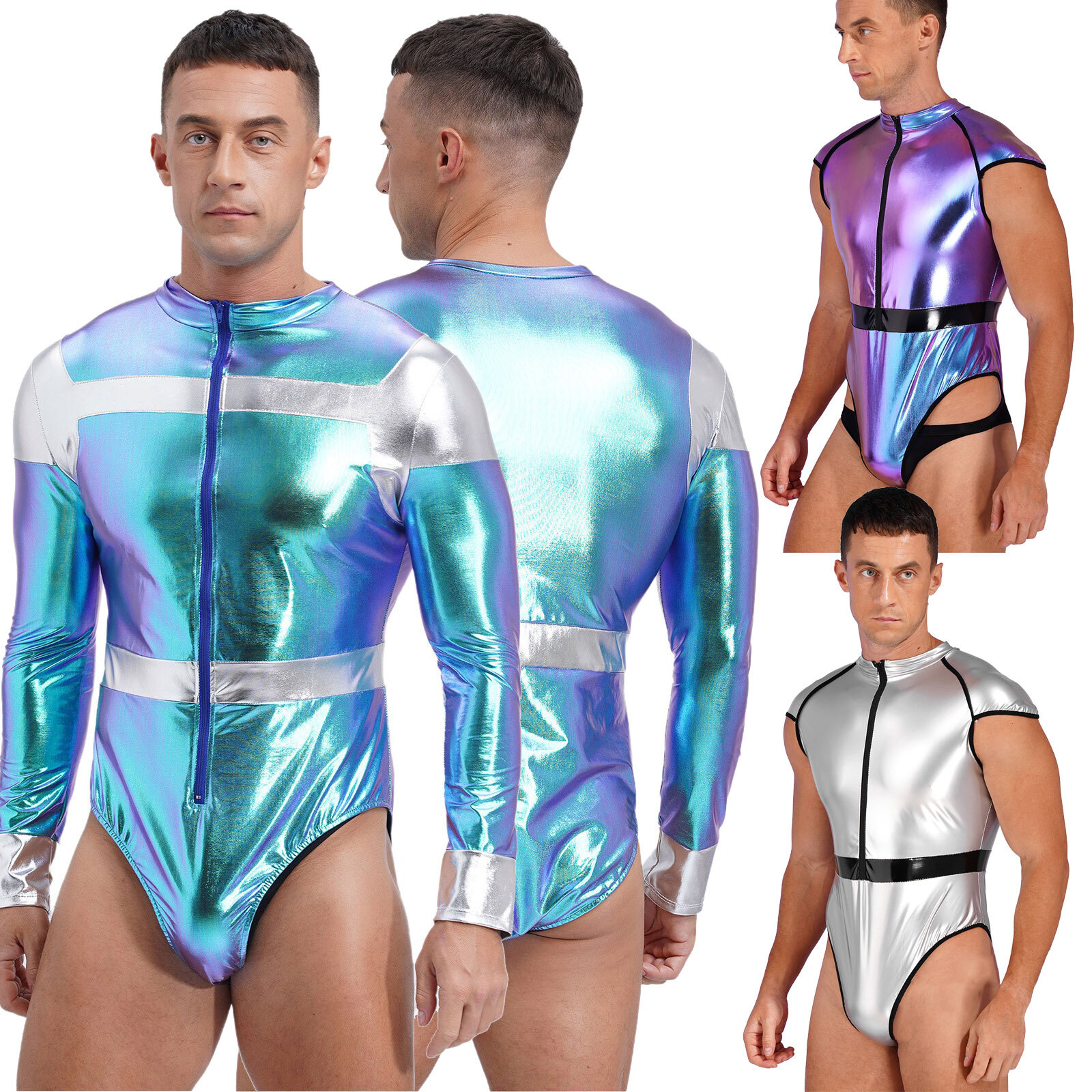 US Men’s Astronaut Costume Space Suit Metallic Shiny Contrast Jumpsuit Catsuit