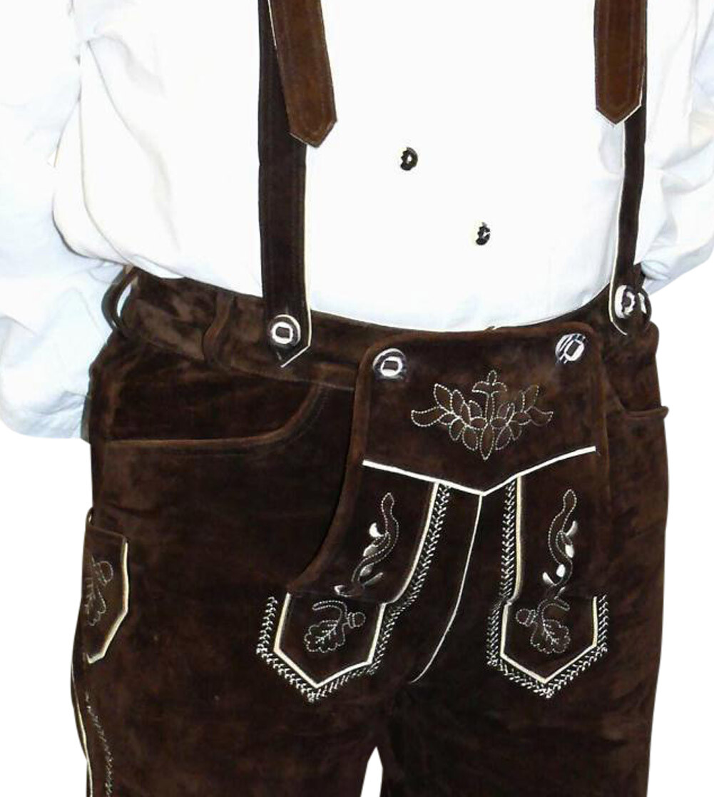 Brown Leather Lederhosen Short Pants German Oktoberfest Bundhosen M L XL 2XL 3XL