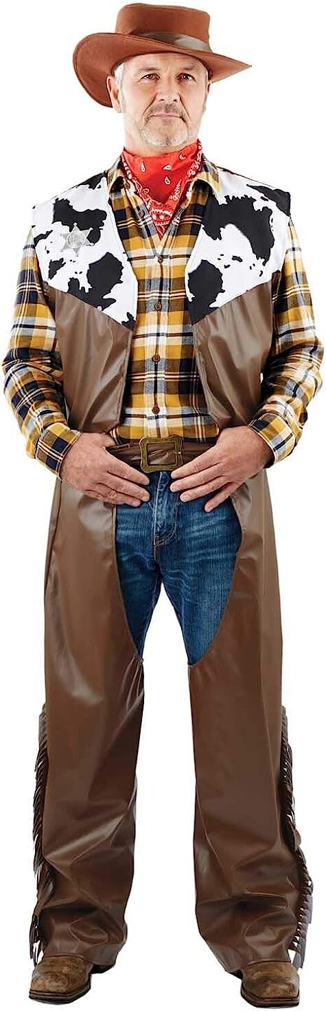 Men`s Cowboy Costume + Hat Adult Wild West Outlaw Gunslinger Chaps Halloween