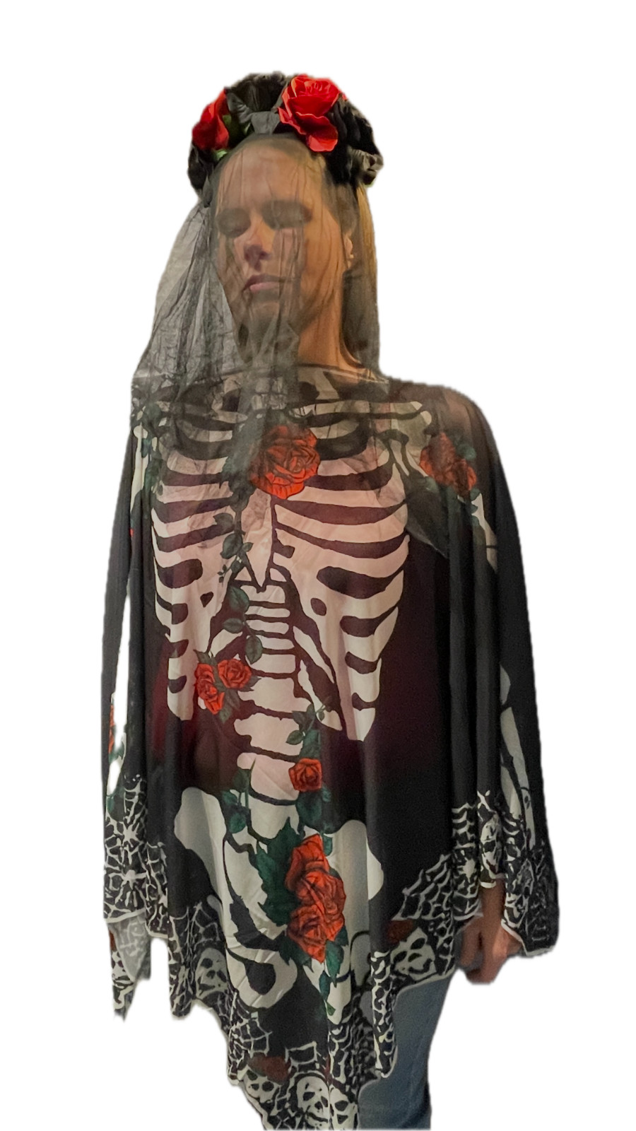 Halloween Skeleton Poncho & Rose Headband. Day of the Dead Día de los Muertos