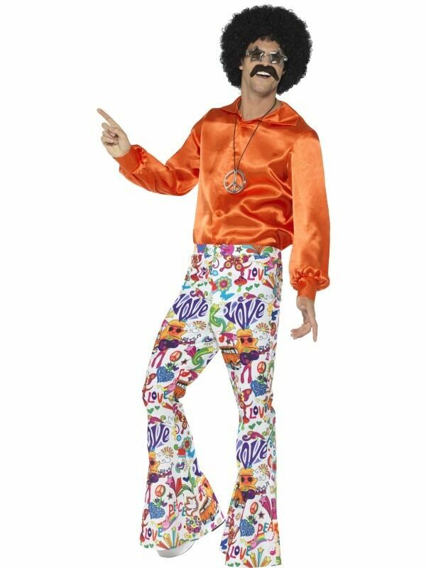 MENS 60S 70S GROOVY HIPPIE DISCO DANCE FEVER FLARED BELL BOTTOM COSTUME PANTS