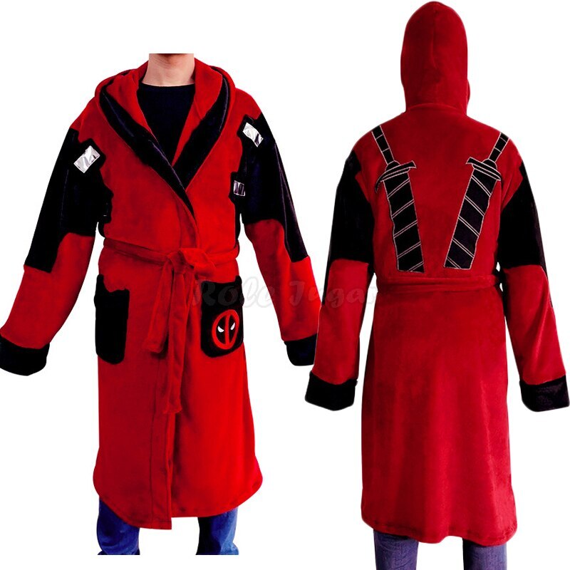 Deadpool Bathrobe Adult Unisex Winter Warm Flannel Hooded Pajamas Sleepwear Gift
