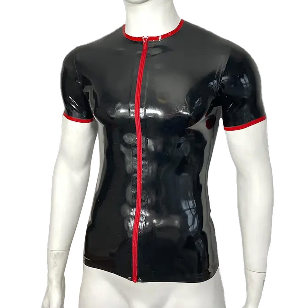 Mens Latex Top Short Sleeves Rubber T-shirt Fetish Front Zip Clubwear 0.4mm