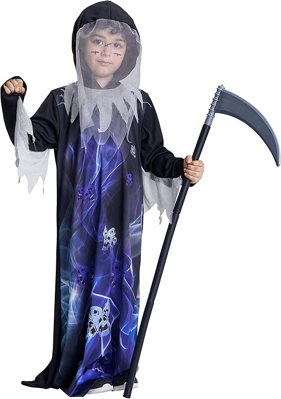 Kid’s Halloween Soul Taker Horror Grim Reaper Costume w/ Toy Scythe Size 4-6Y