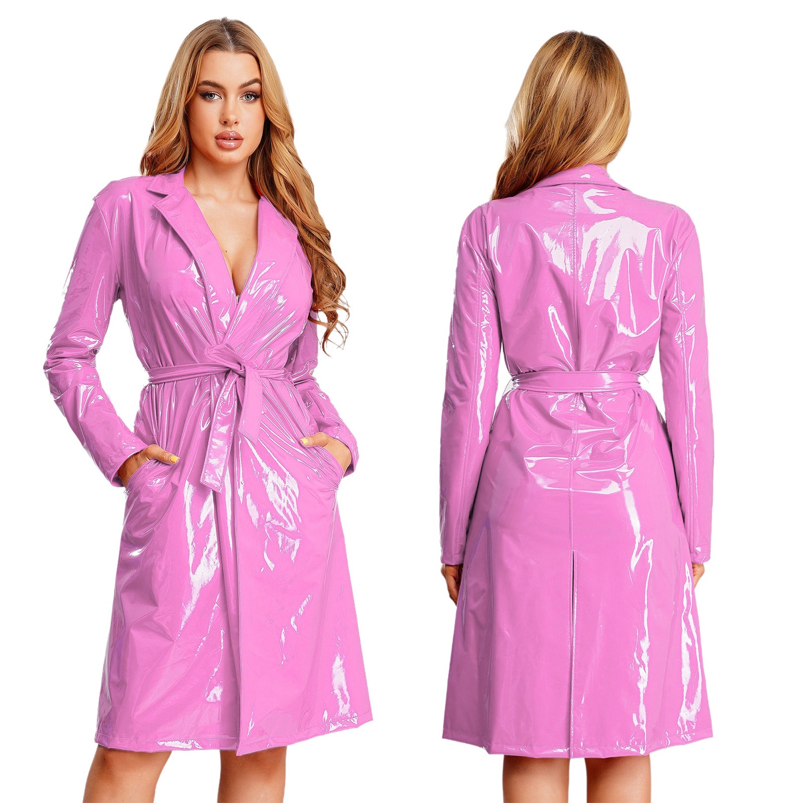 US Womens Long Leather Jacket Wet Look Lapel Long Sleeve Open Front Trench Coat