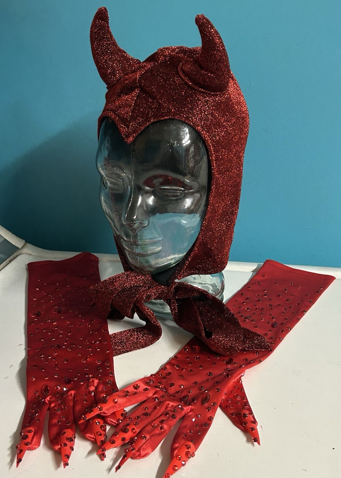 NEW Bettie Page Style Devil Bonnet Red Rhinestone Claw Gloves Set Pinup 50s