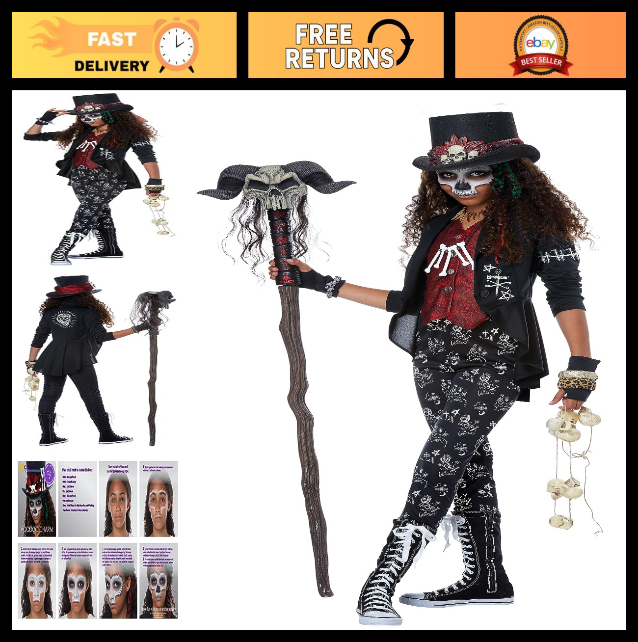 Girls Voodoo Charm Halloween Costume – Spooky Dress, Accessories Included