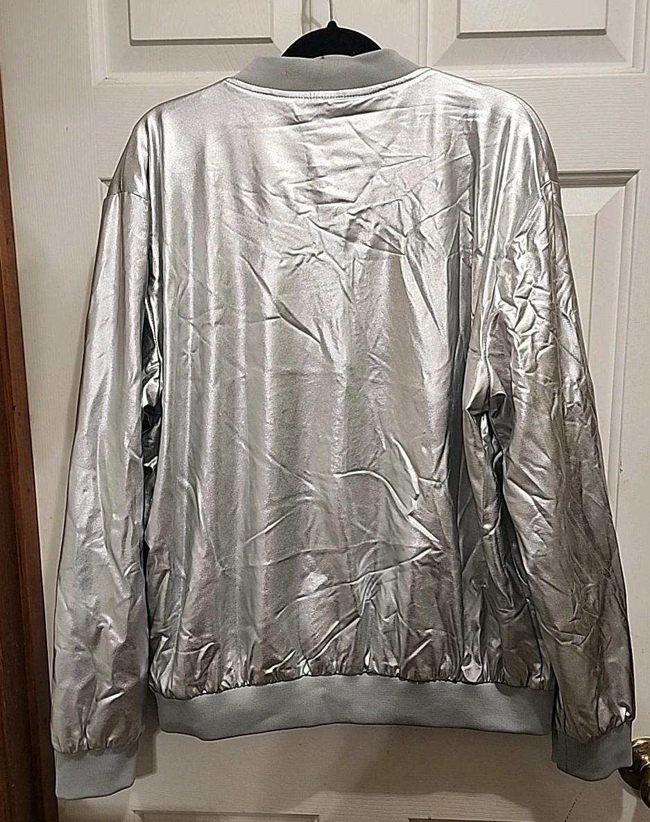 JOGAL UNISEX XXL METALLIC SILVER ZIP BOMBER STYLE JACKET 70’s DISCO COSTUME