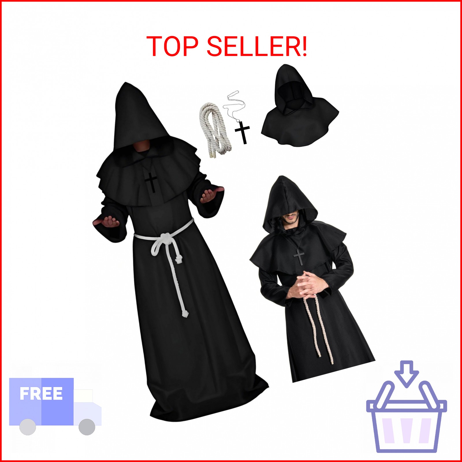 Medieval Monk Robe Priest Robe Halloween Cosplay Costume Cloak