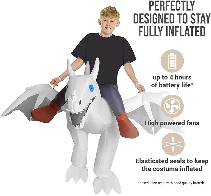 Kids White Dragon Inflatable Costume Boys Girls Ride On Blow Up Suit Halloween
