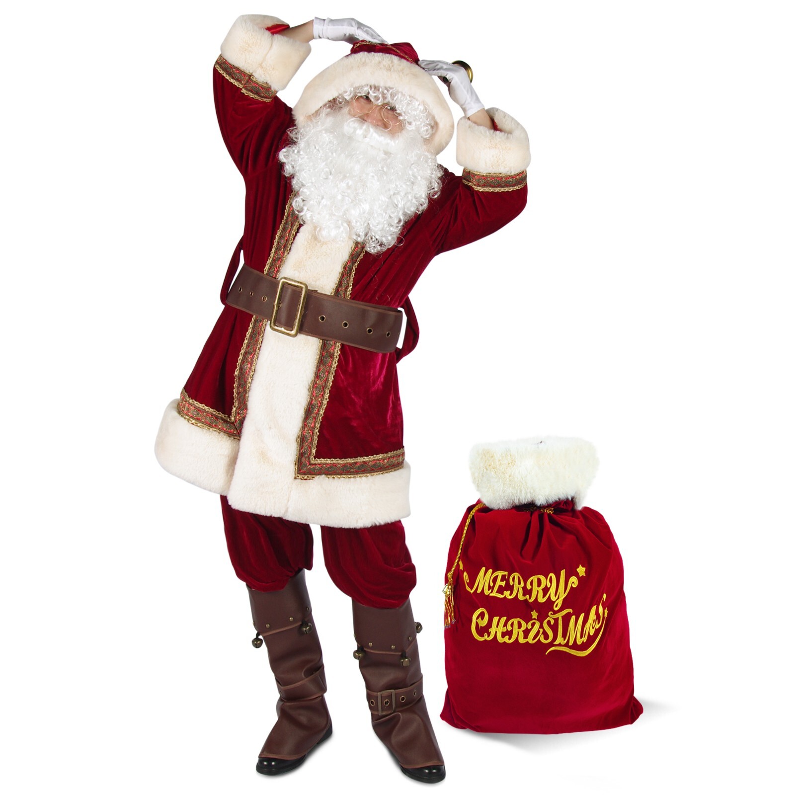 Men’s Santa Claus Costume 10PCS. Christmas Velvet Hooded Adult Deluxe Santa Suit