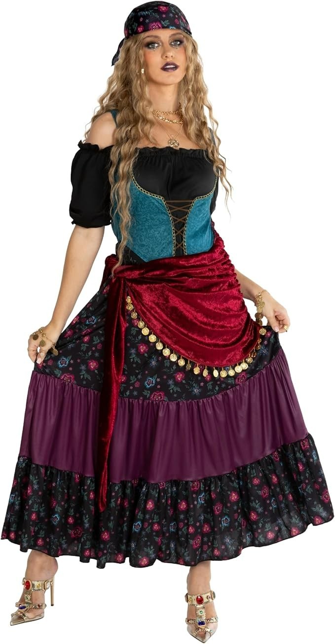Women`s Gypsy Fortune Teller Costume Adult Mystic Tarot Reader Dress Cards S-2XL