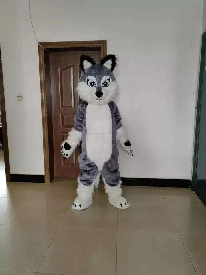 Grey White Long Fur Furry Husky Dog Wolf Fox Fursuit Mascot Costume Adult
