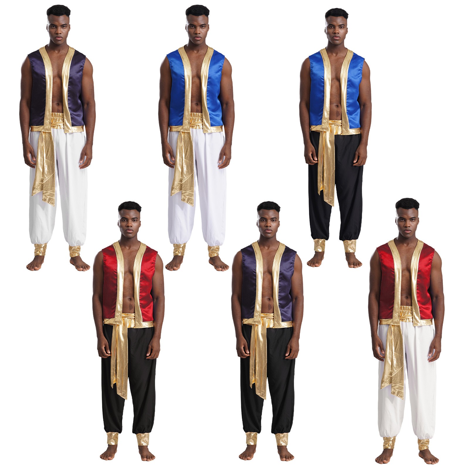 US YiZYiF Men’s Arab Prince Halloween Metallic Trim Open Front Vest with Pants