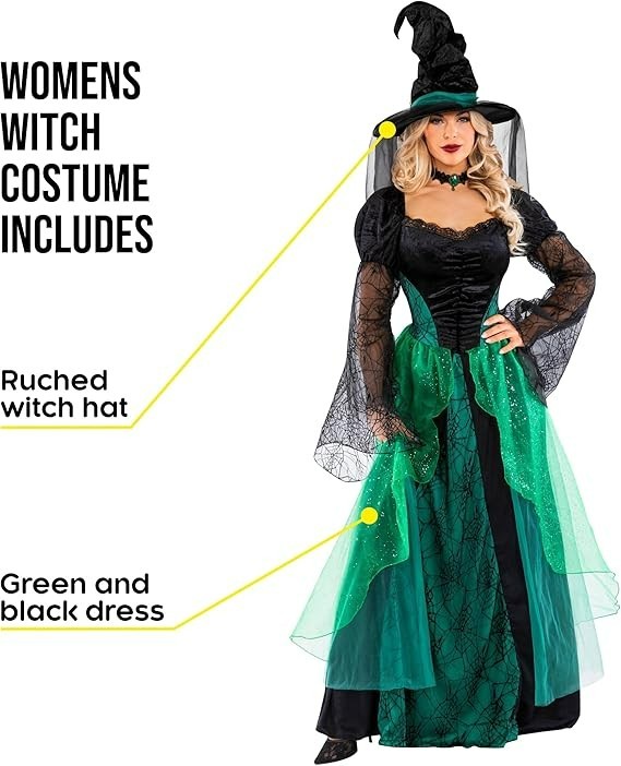 Deluxe Women`s Green Witch Costume & Hat Adult Witch Halloween Dress S – 3XL