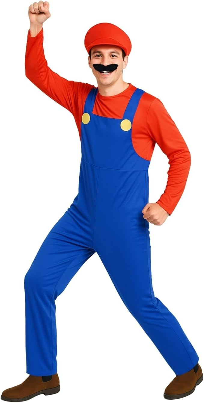 Adult Super Mario Brothers Costume Men`s Red Plumber Outfit Hat Mustache L XL