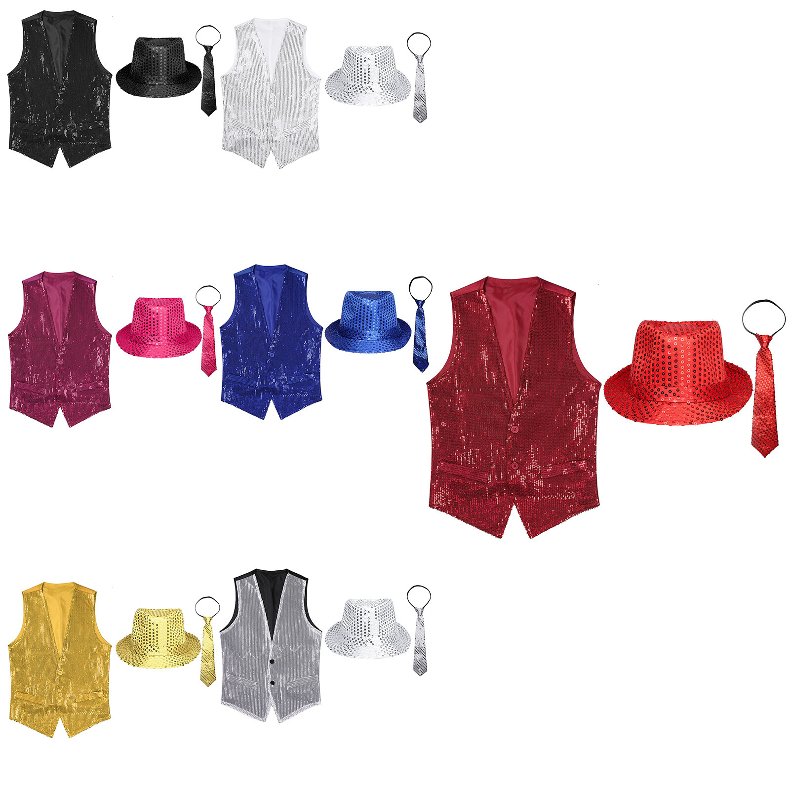Mens Womens Vest Shiny Hat Stage Costume Performance Necktie Hem Waistcoat Top