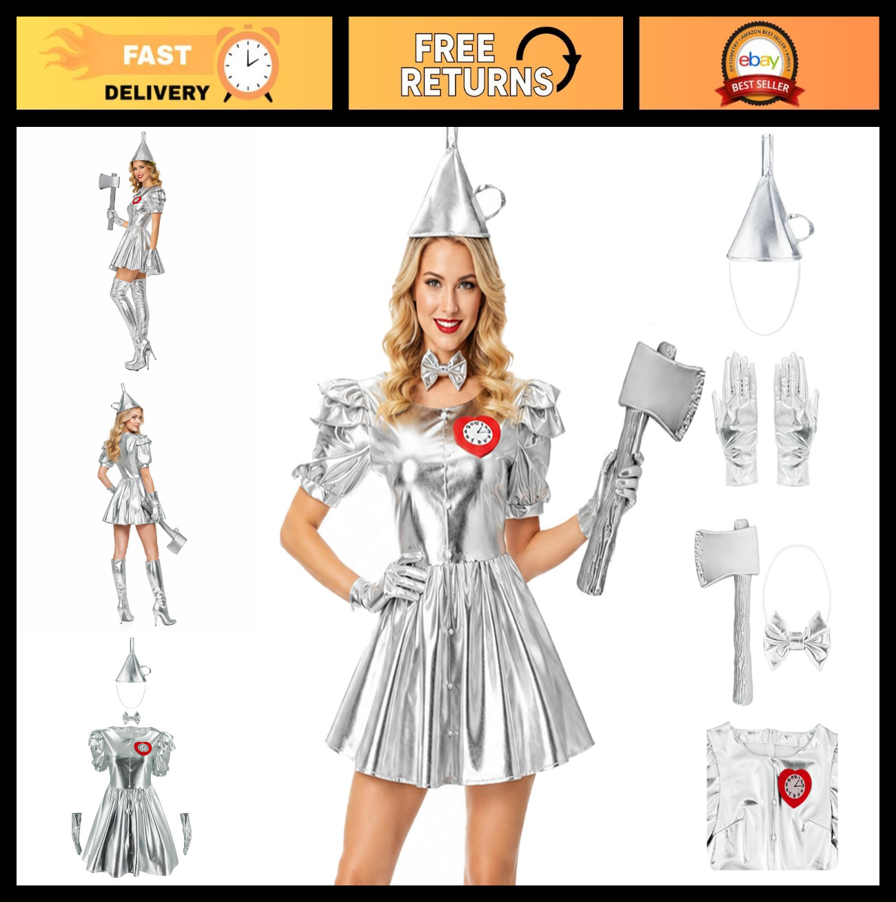 Silver Metallic Dress Costume for Women – Funnel Hat, Fake Axe, Gloves & Bow Tie