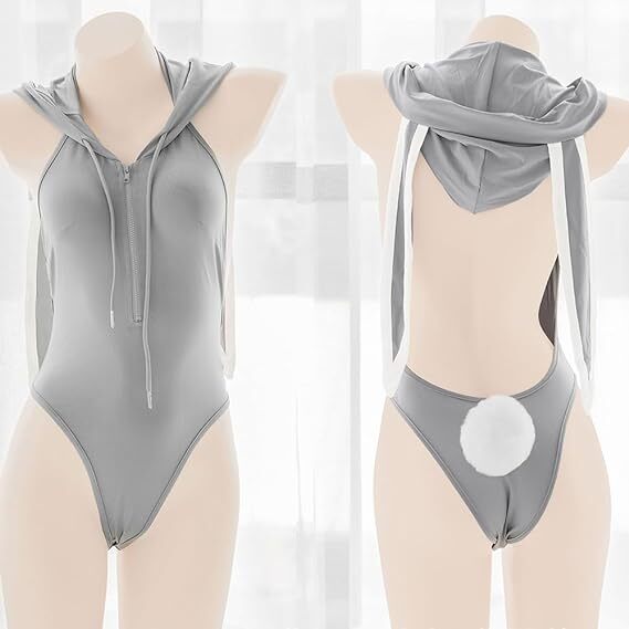 Womens Sexy Bunny Costume Anime Lingerie Cosplay Rabbit Ears Bodysuit Silver