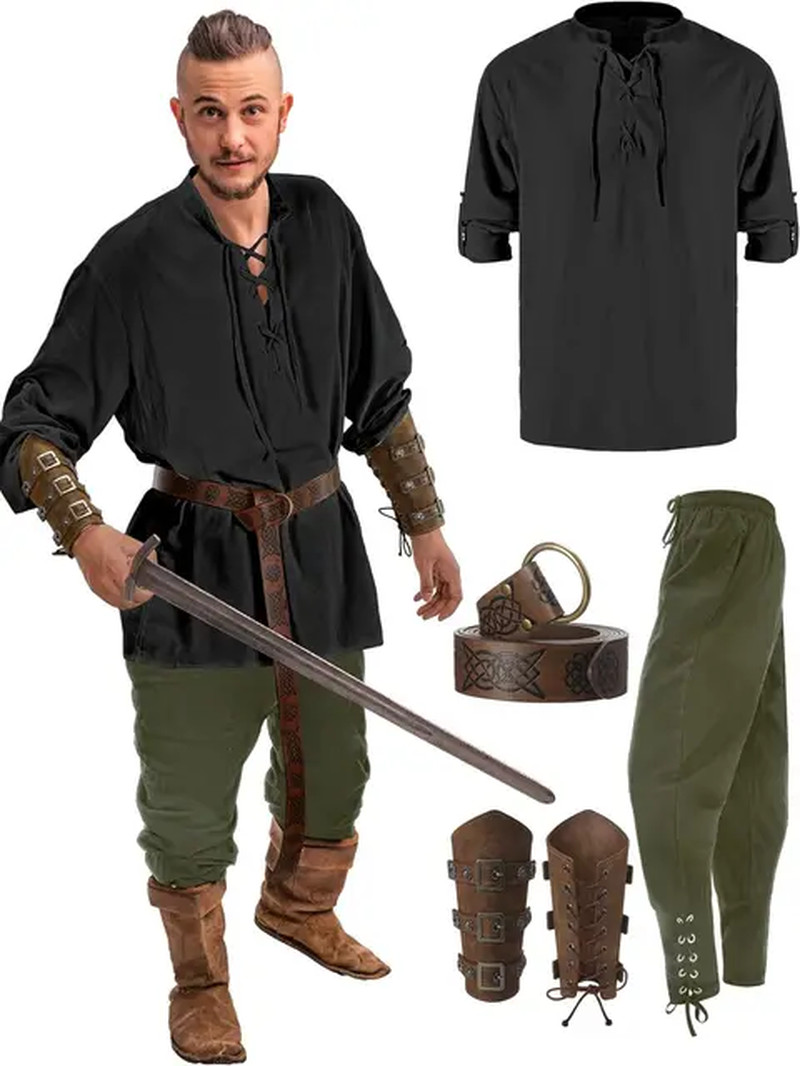 4Pcs Halloween Men’s Costume Set Shirt Ankle Banded Pants Viking Accessories