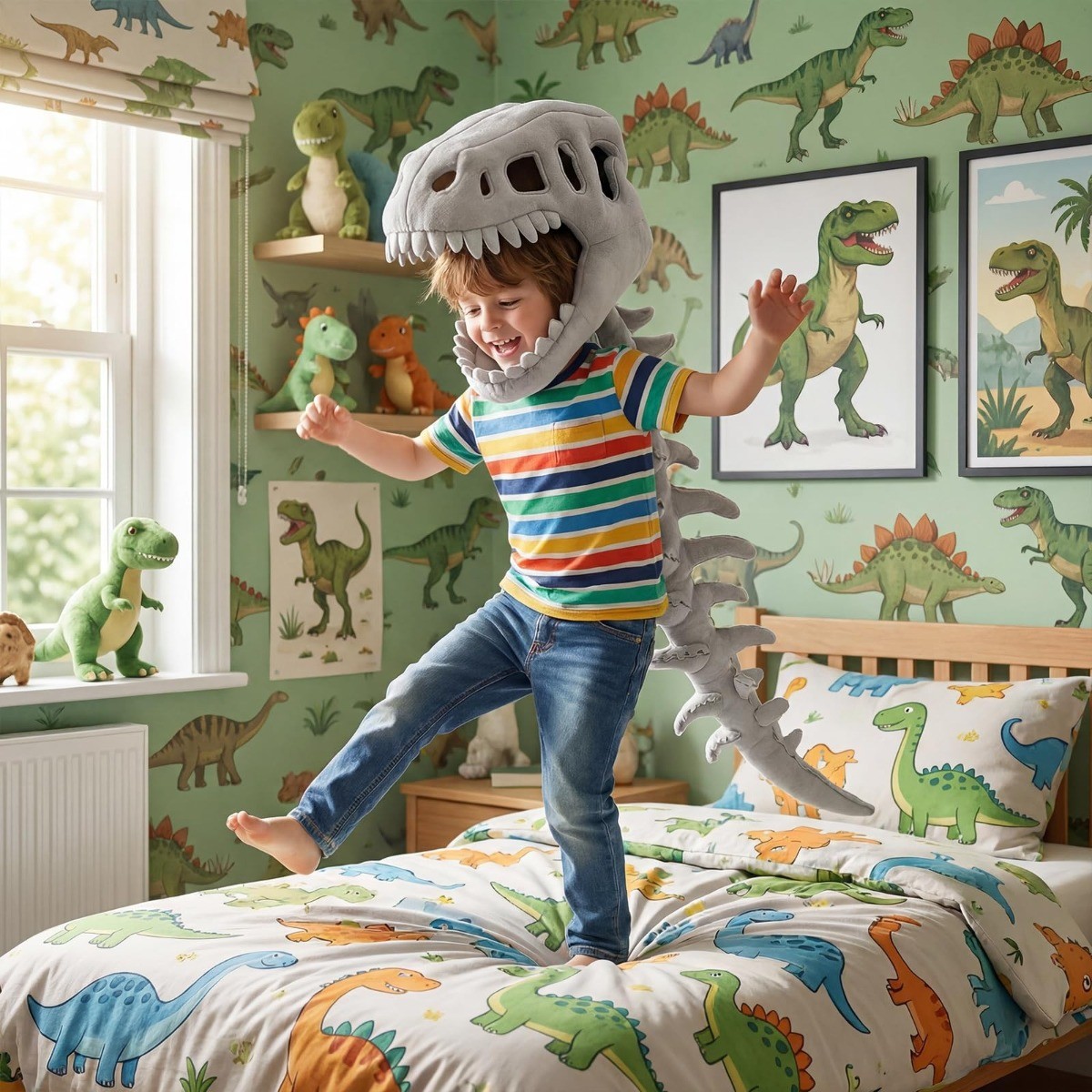 Dinosaur Skeleton Costume 3D Spinosaurus Skull Mask & Plush Spine Dress-Up Play