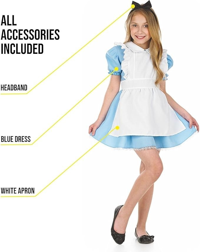 Girls Blue Alice Costume S – XL Kids Wonderland Fairy Tale Dress Halloween