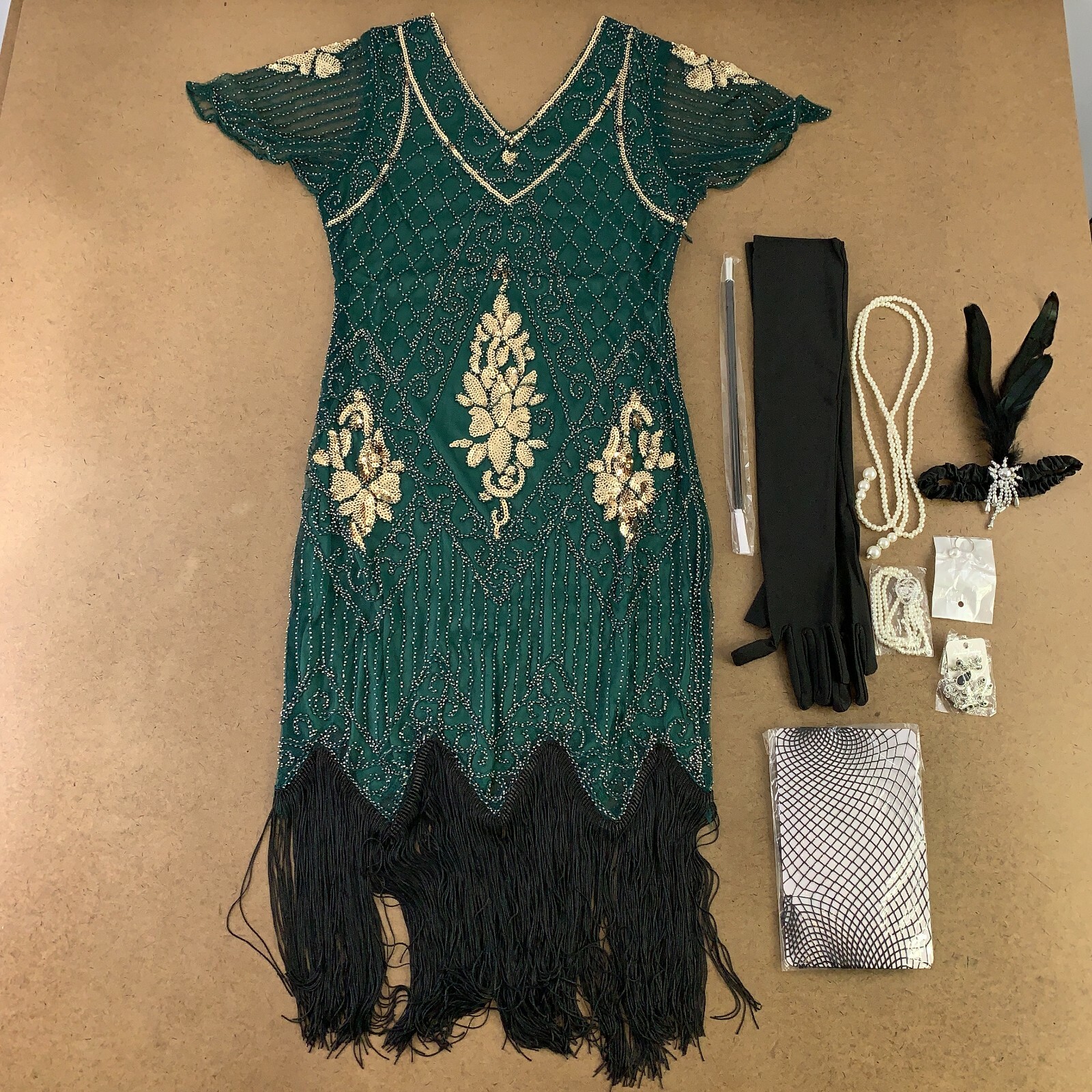 Women’s Small Green Black Sequin Fringe Flapper Dress & Accessory Set 9 Pieces