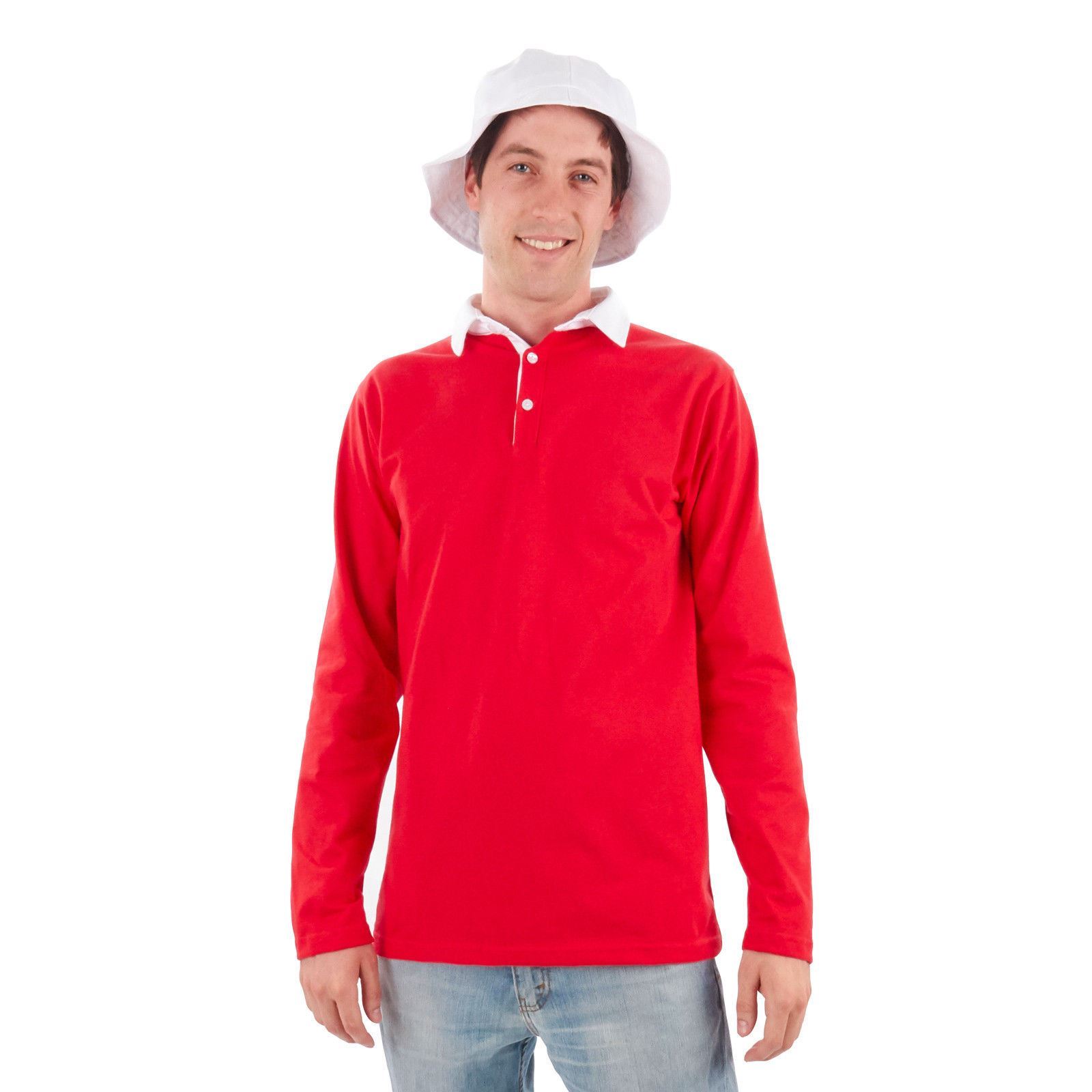 Mens Island Castaway Gilligan Red Rugby Polo Long Shirt White Bucket Hat Costume