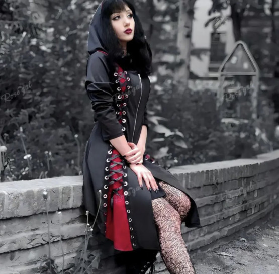 Gothic Style Hooded Color Block Mid-Length Dress Halloween Cosplay Anime