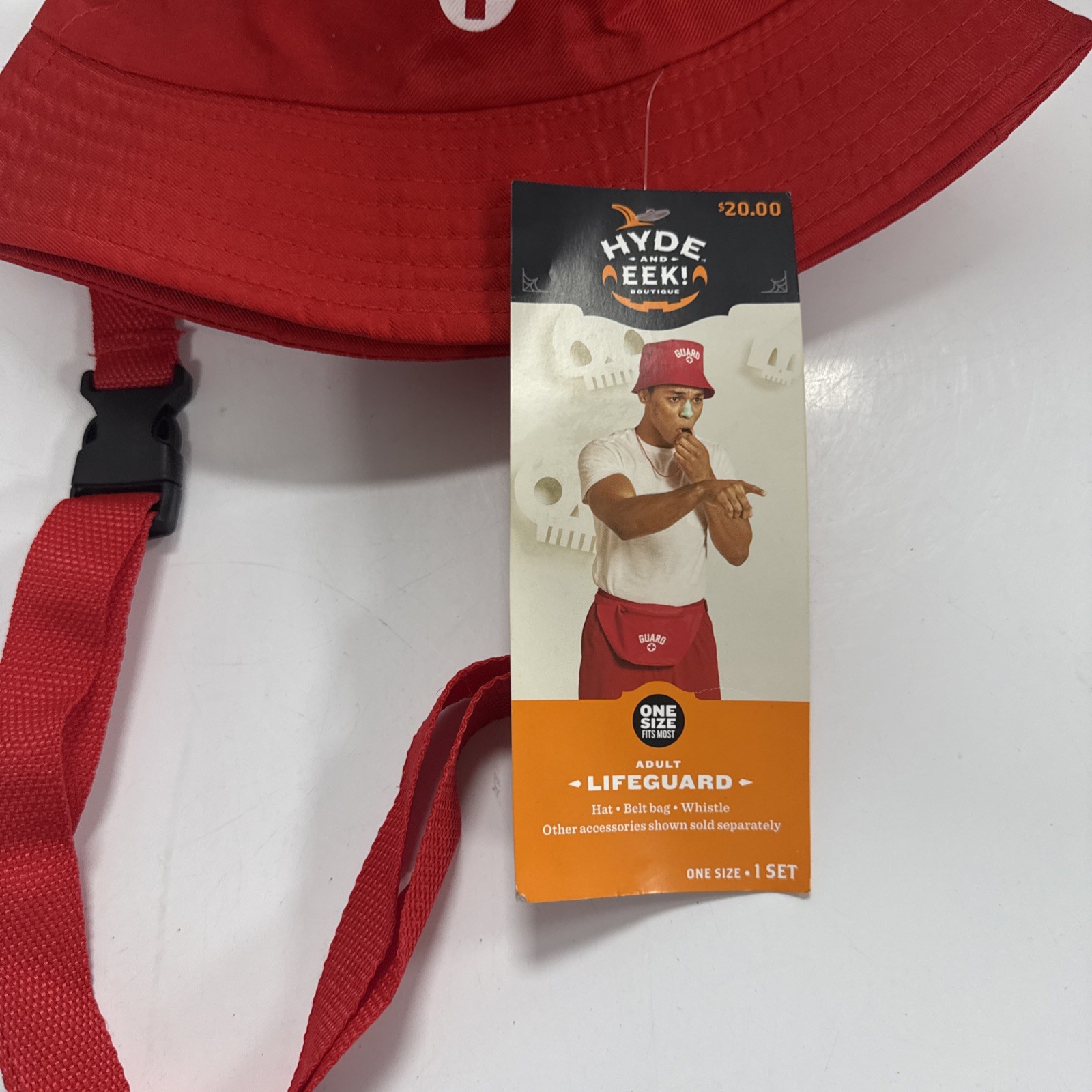 Adult Lifeguard Halloween Costume Kit Red Bucket Hat Belt Bag Whistle One Size