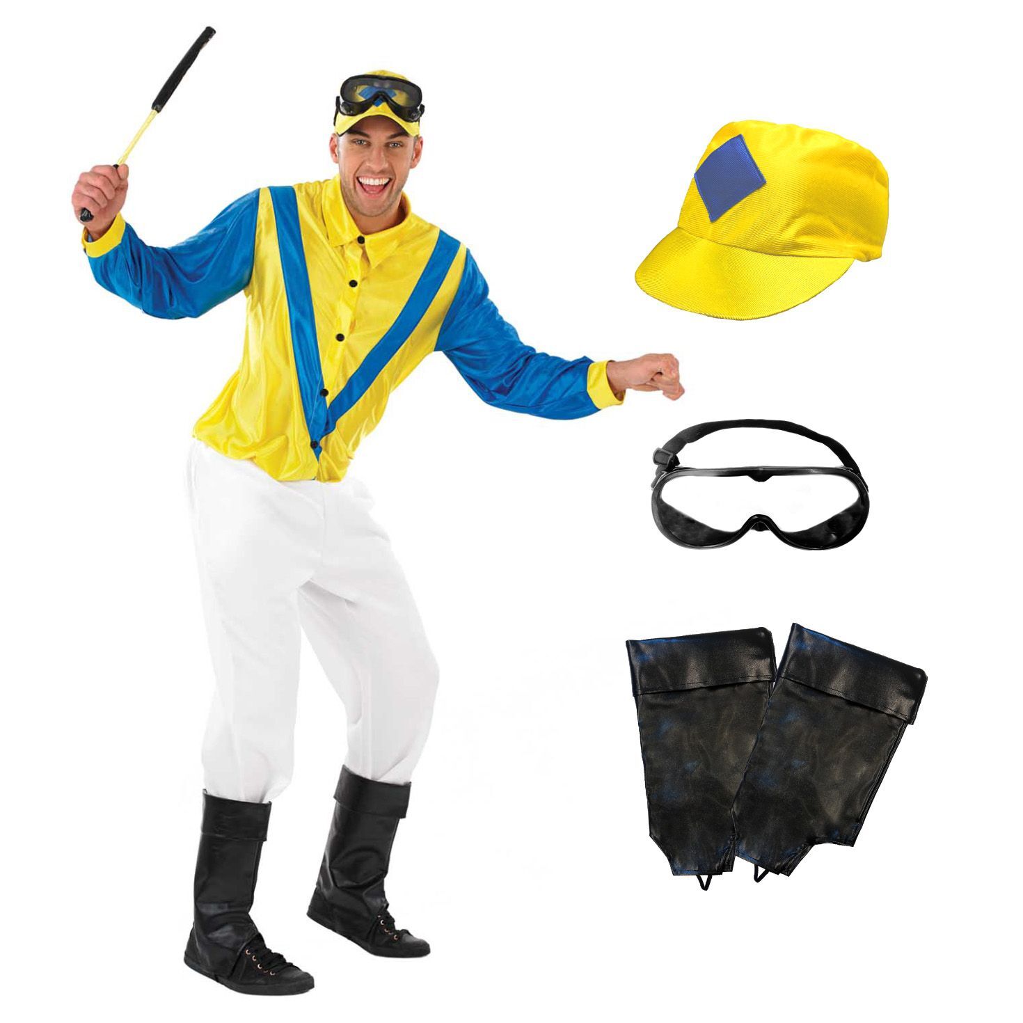 Men`s Yellow & Blue Horse Rider Jockey Costume M L XL Adult Racing Uniform